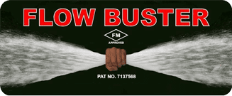 FLOW BUSTER logo: hands squeezing water stream